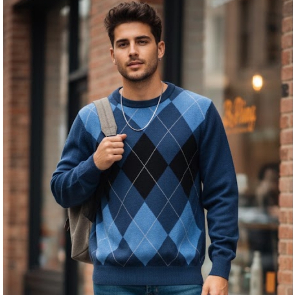 Navy & Royal Blue Argyle Crewneck Sweater SZ S